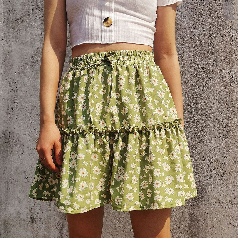 jinran Summer Boho Floral Print Mini Skirt Women Elegant Ruffles Short Skirts Elastics Waist Lace Up A-Line Skirts