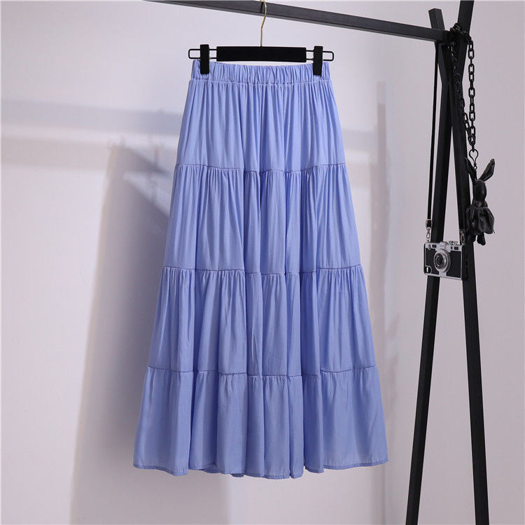 jinran Summer Stitching Cotton and Linen Skirt Elegant Elastic High Waist Ruffles Pleated All-match A Line Skirt Casual Beach Holiday