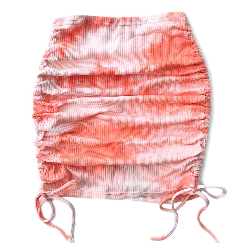 jinran women 2022 summer sexy Nightclub High-waisted elasticity knit pleated Side drawstring Tie dye Buttocks skirt