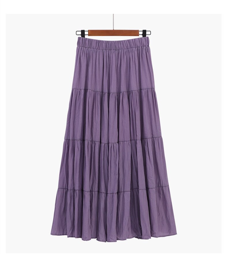 jinran Summer Stitching Cotton and Linen Skirt Elegant Elastic High Waist Ruffles Pleated All-match A Line Skirt Casual Beach Holiday