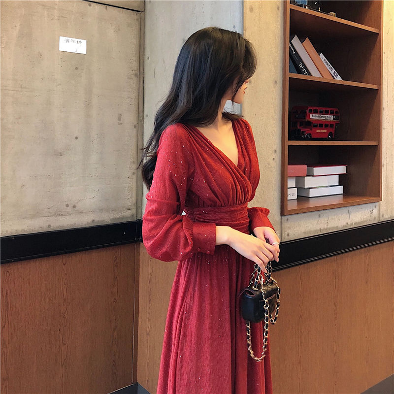 jinran Vintage Sexy Maxi Dresses for Women Party Sequin Midi Dress Female Casual Chiffon Slim Korean Woman Dress Elegant Autumn
