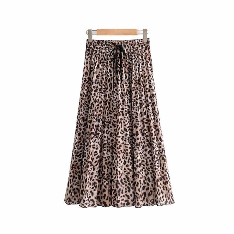 jinran Vintage Leopard Print Pleated Skirts Women Punk Rock Korean Skirt Streetwear Drawstring Elastic Waist Ladies Midi Skirt New