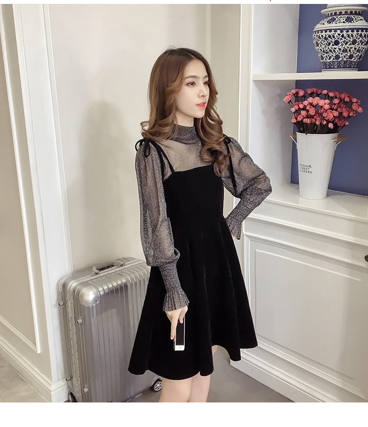 jinran Spring New Elegant Two Piece Dress for Women Women Winter Korean A-Line O-Neck Tops and Black Sundress Streetwear Dress Vestidos