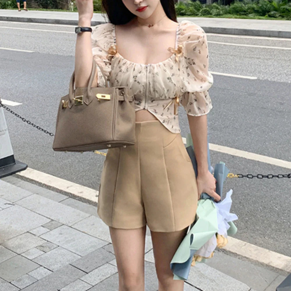 jinran Puff Sleeve Floral Chiffon Blouses Women Summer Short Korean Design Fairy Shirts Tops Casual Chic Evening Party Y2k Clothes 2024