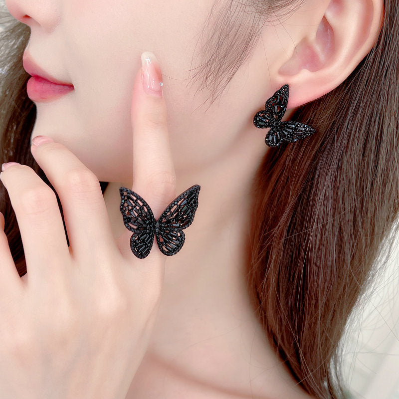 2025 New style trendy niche temperament designer style super fairy temperament open index finger ring butterfly ring earring jewelry set