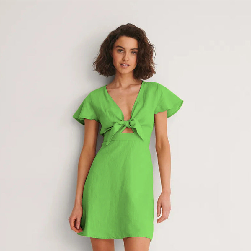2025 summer new Feifei sleeve cotton and linen commuter dress bow V-neck hollow slim-fitting waist A-shaped skirt women