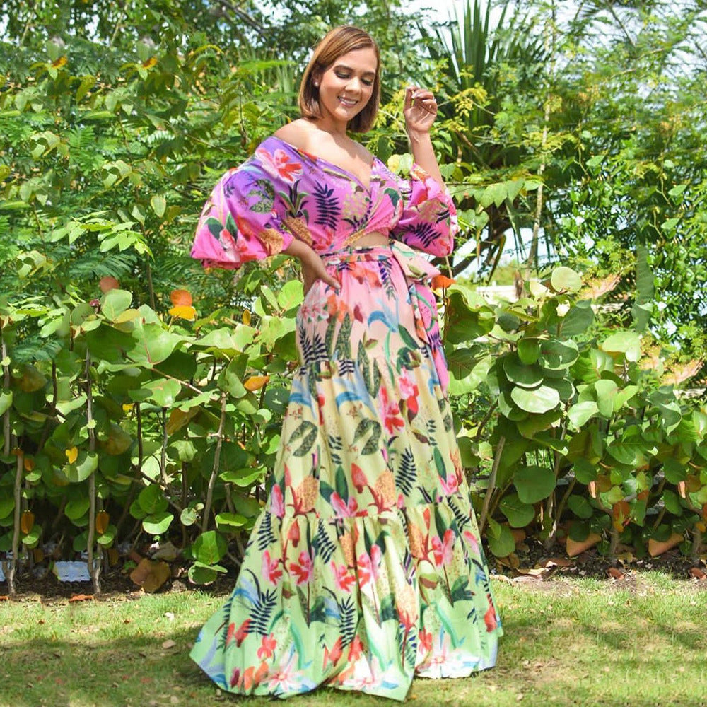 2025 New spring and summer new 2025 women's clothing printing loose off-the-shoulder V-neck sexy slim dress dress dress
