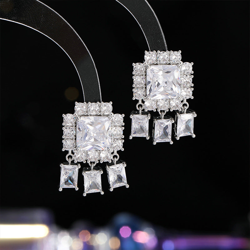 2025 Japan and Korea s925 silver needles slightly inlaid with zirconium square stud earrings fashion personality geometric earrings female Internet celebrities trend versatile models