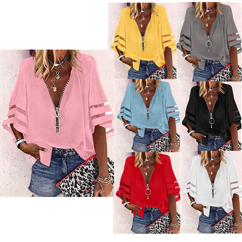 2025 Popular, , 's new V-neck zipper shirt, half-flared sleeve grid splicing, loose casual shirt women