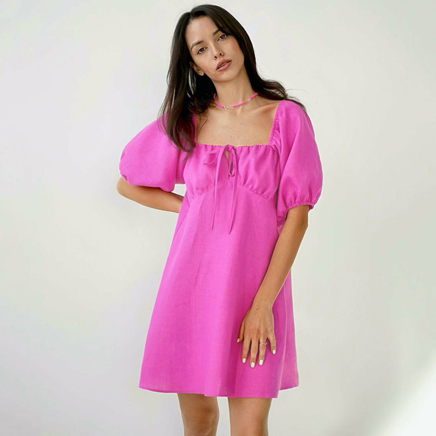 2025 summer new fashion women's doll skirt bubble sleeve bow lace-up design dress women