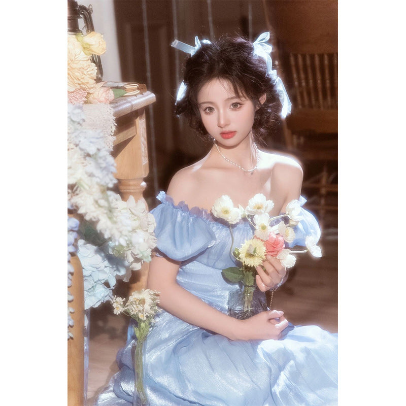 Light wedding dress 2025 new Hong Kong-style retro style studio photography blue high-end dress student adult princess dress