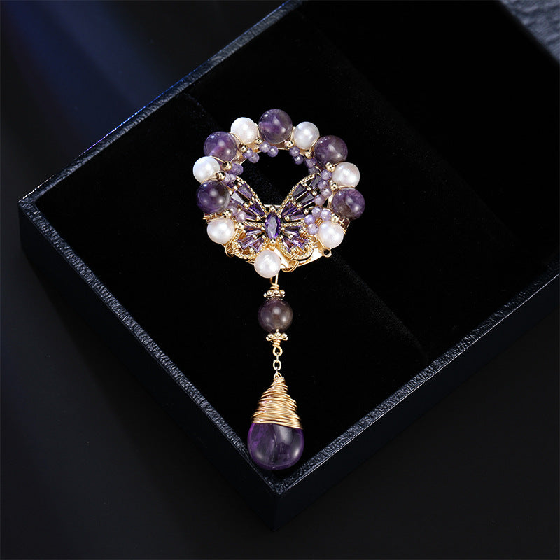 2025 Chinese niche freshwater pearl amethyst ring pendant brooch light luxury design corsage suit coat accessories