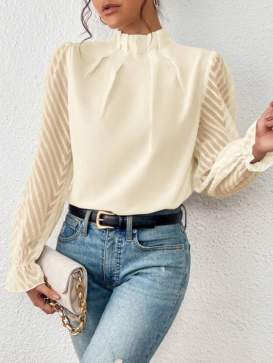 2025 popular Popular, , New women's clothing autumn and winter new semi-turtleneck splicing wavy chiffon long-sleeved top