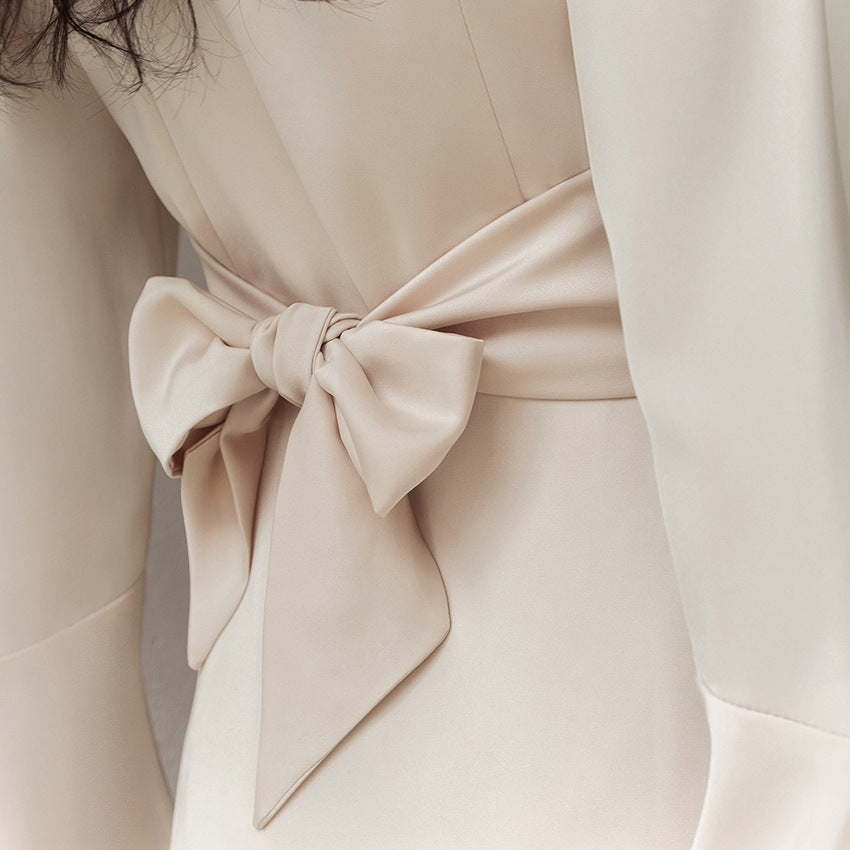 2025 temperament imitation satin acetate V-neck horn sleeve dress popular spring new fashion wholesale women