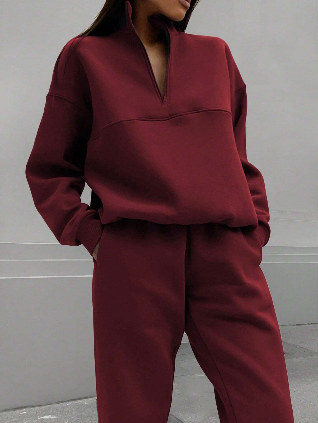 2025 Popular, , New autumn and winter new fashion zipper lapel solid color casual two-piece set