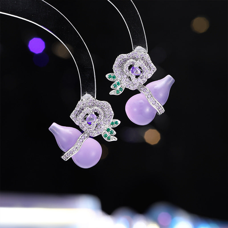 2025 New Chinese style flower purple chalcedony gourd earrings s925 silver needle light luxury high-end niche national trend rose earrings