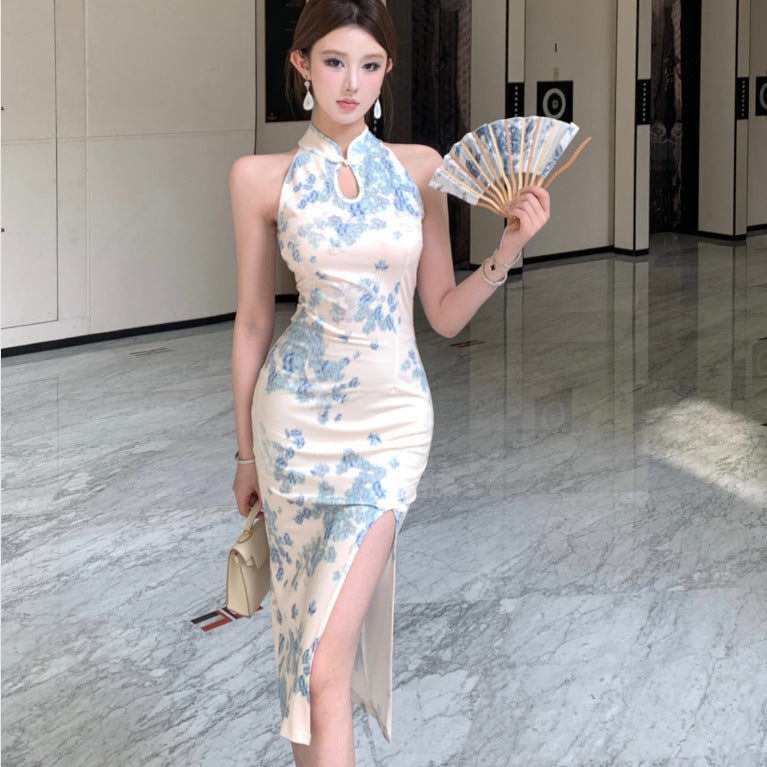 2025 Celebrity banquet dress women's clothing summer new temperament slim-fitting improved cheongsam split-ended arm skirt is thin and hollow