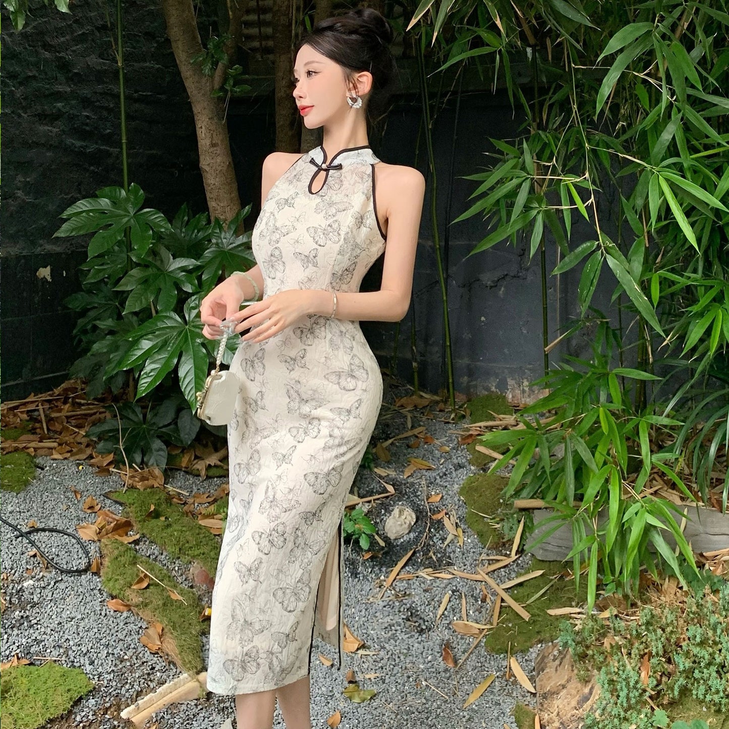 2025 Embroidery warp ink butterfly printing cheongsam dress women's spring and summer new slim retro dress