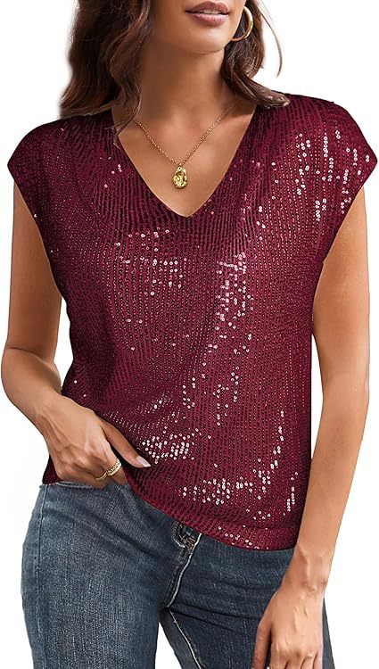 2025 spring and autumn new New shoulder sleeves sequined slim V-neck solid color top T-shirt women