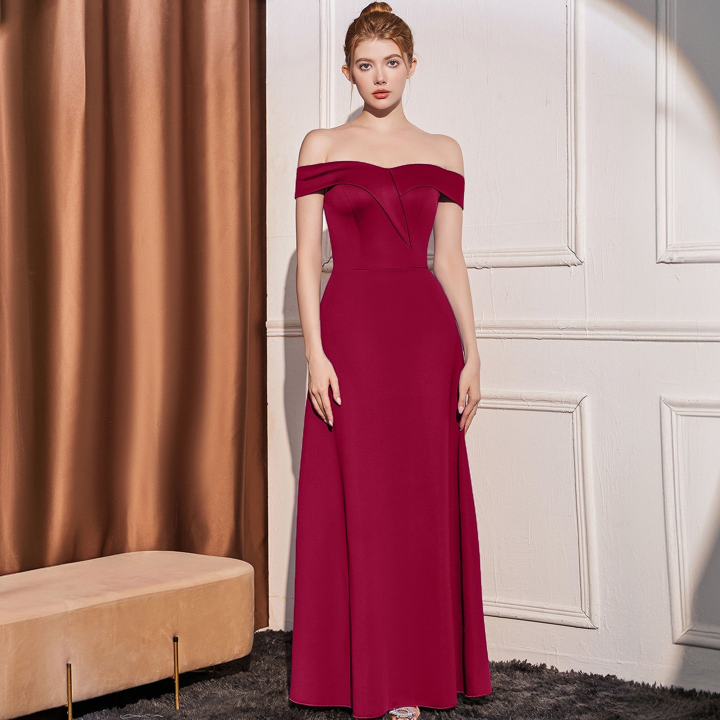 2025 Evening dress dress women's high-end temperament simple high-end sense celebrity banquet one-word shoulder thin pendant long dress