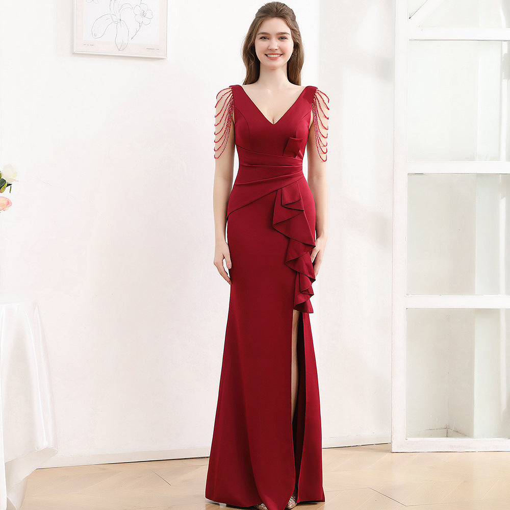 2025 Evening dress femininity banquet company annual meeting slim and thin fishtail skirt car model exhibition suspender long dress