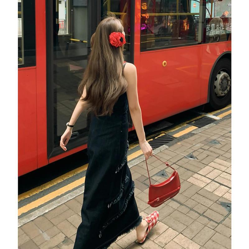 jinran fall 2024 fashion trends French Fashion Vintage Washed Distressed Denim Sling Dress Summer Sweet Hot Girl Frayed Irregular Dress for Women