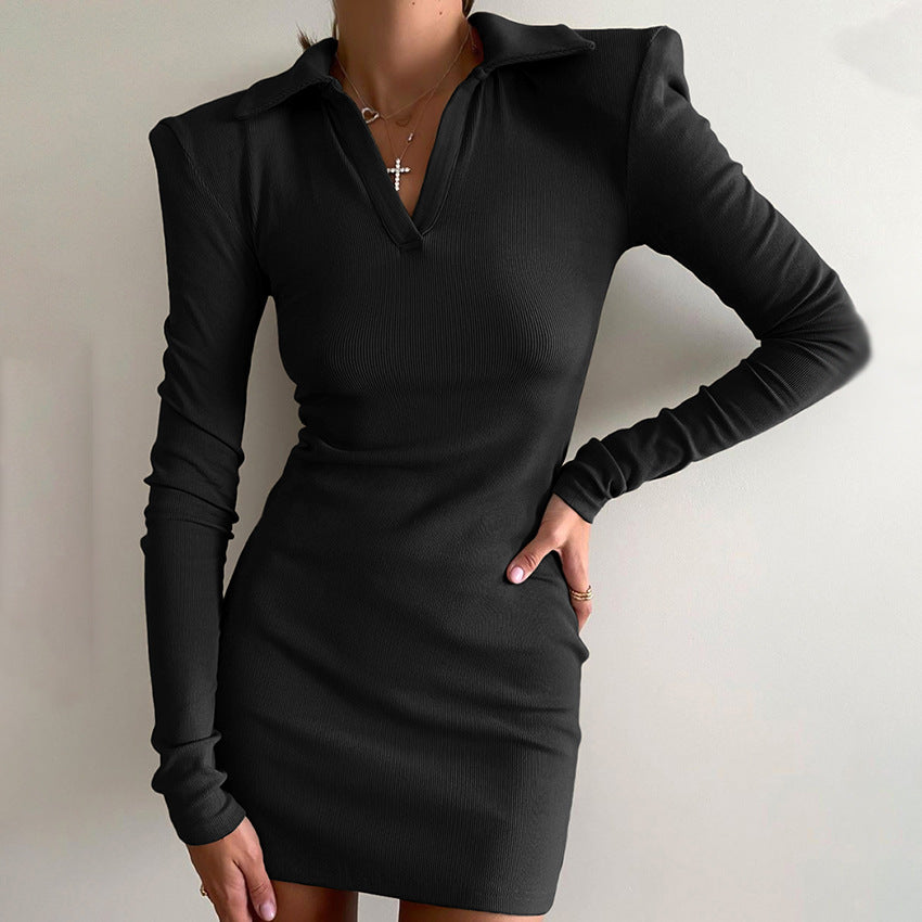 2025 knitted women's clothing autumn new shoulder padded thin niche long-sleeved hip-wrapped dress