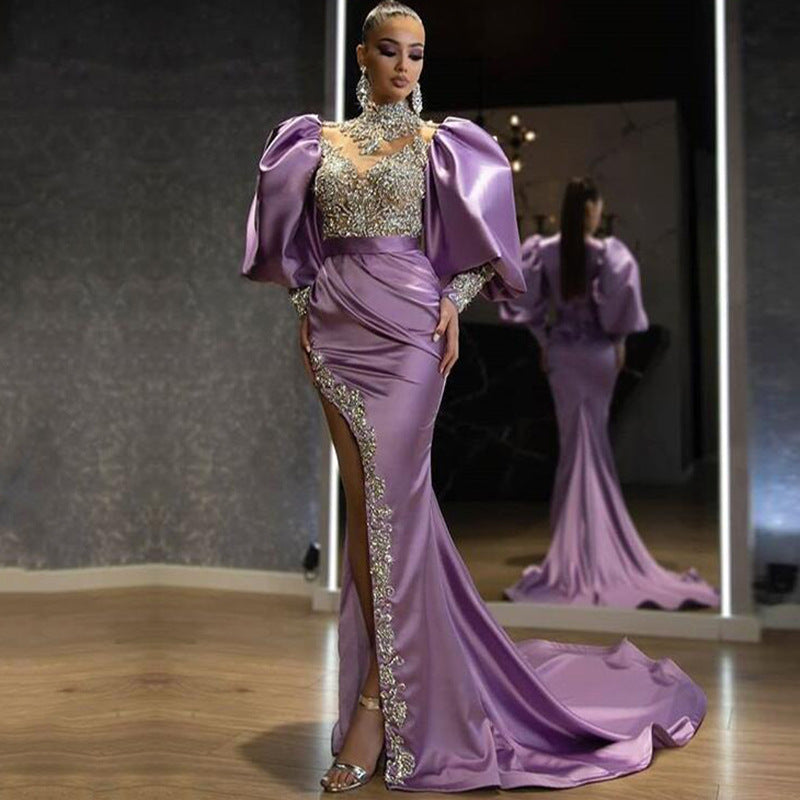 2025 New spring new 2025 women's evening dress sequined gold splicing dress temperament dress