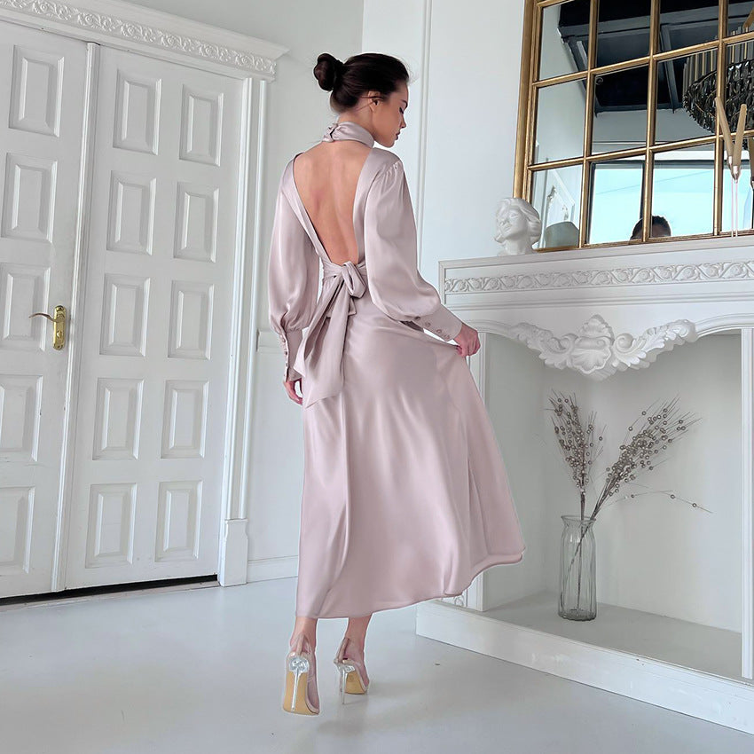 2025 fashion design sense small stand-up collar dress autumn commuting bubble sleeve A-shaped skirt women's halter dress