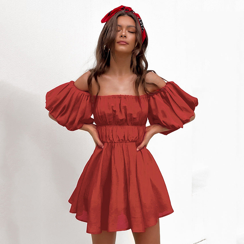 2025 summer new bubble sleeve cotton and linen pleated princess dress small dress short sleeve one-word collar women's dress