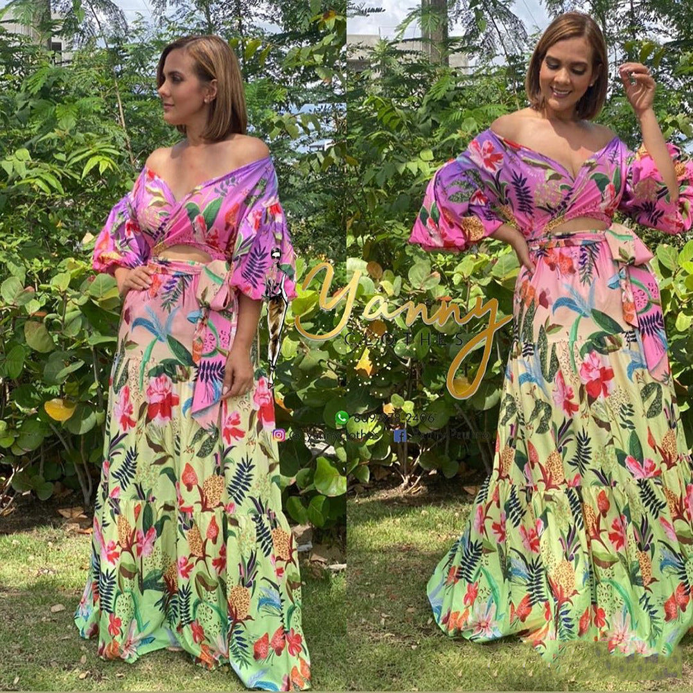 2025 New spring and summer new 2025 women's clothing printing loose off-the-shoulder V-neck sexy slim dress dress dress
