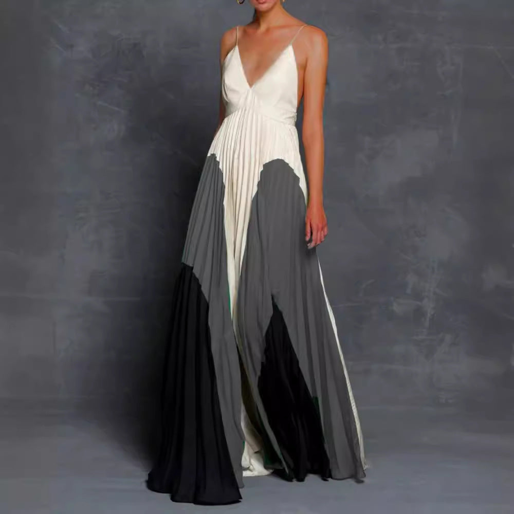 2025 New summer 2025 women's clothing wish digital printing slim and thin long color matching pleated suspender dress