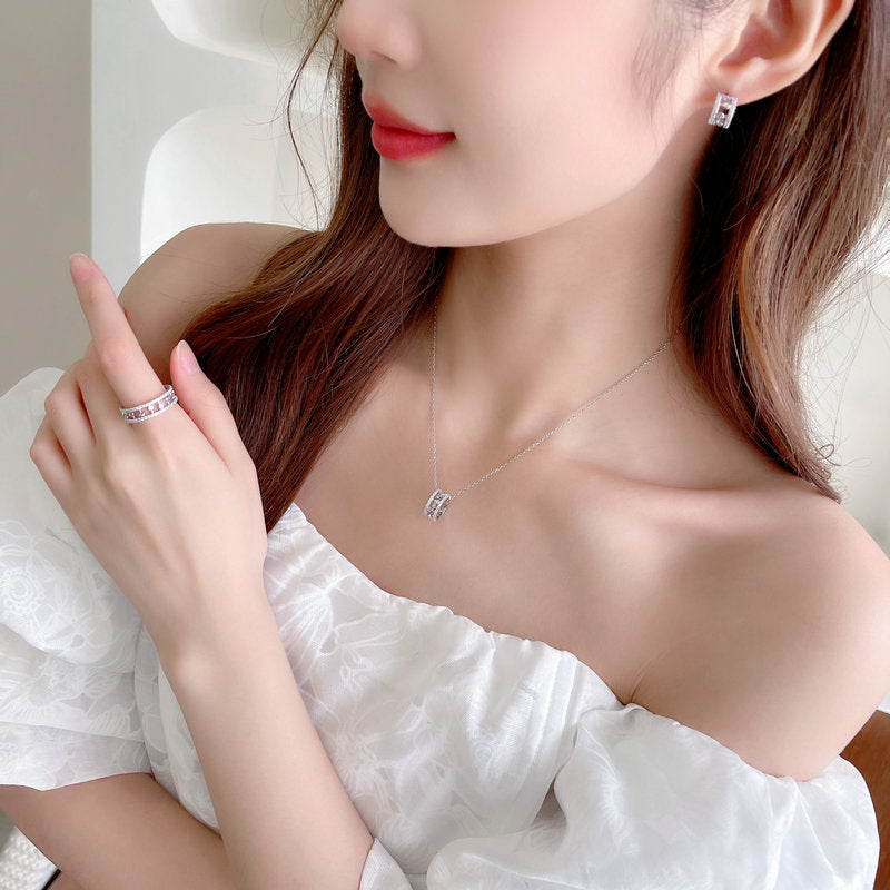 2025 Niche design high-end hollow ring clavicle chain zircon inlaid ring semi-round C-ring stud earrings jewelry set