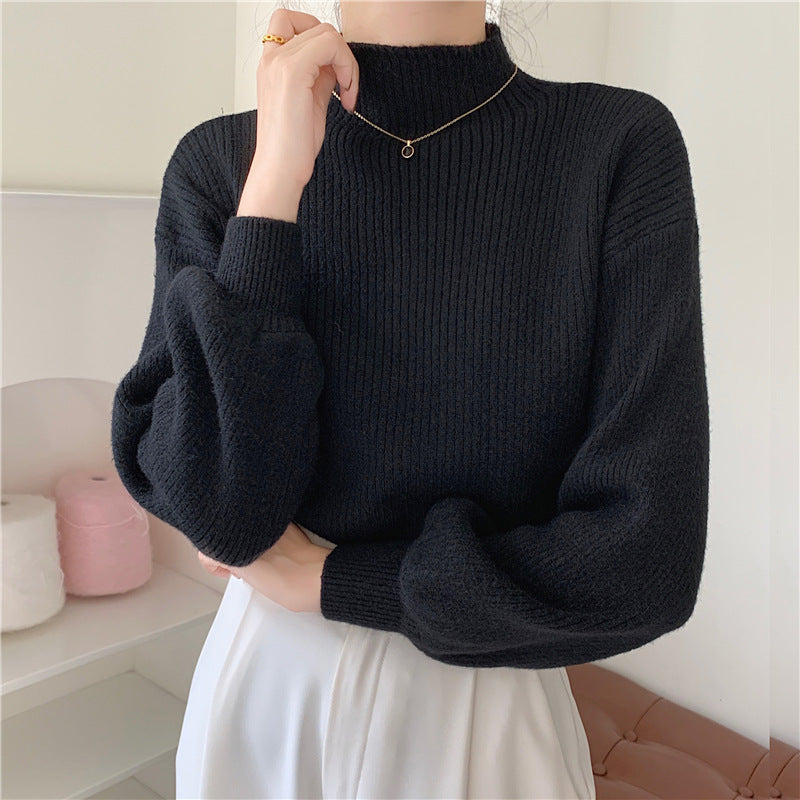 jinran fall fashion Japan and South Korea ~ 2024 New Bottoming Half Turtleneck Solid Color Lantern Sleeve Korean Style Knitted Sweater Top for Women