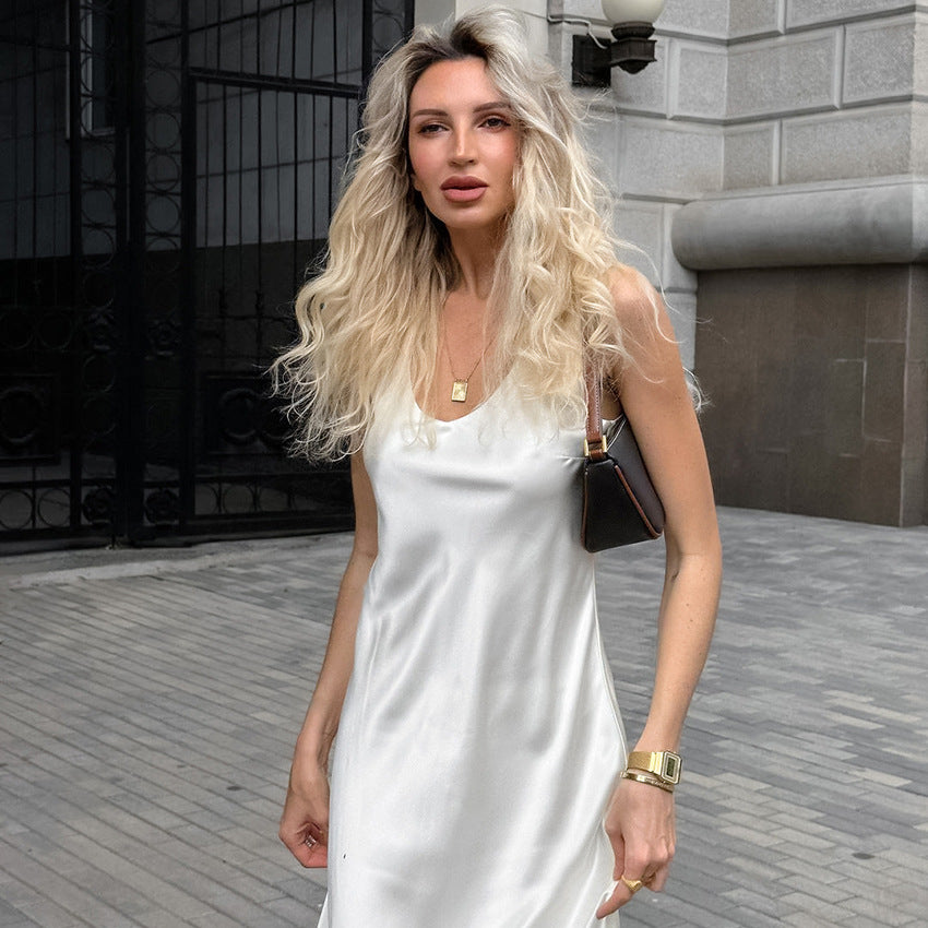 2025 White U-neck thin soft matte satin slim fishtail dress new autumn fashion Popular trade women