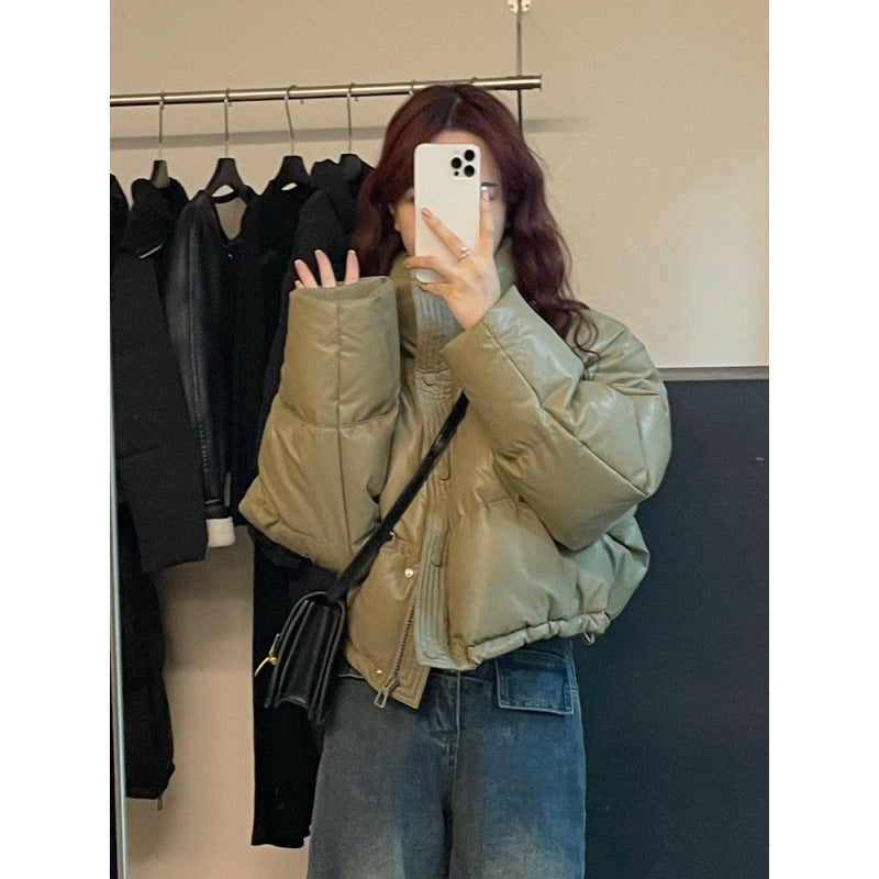 jinran winter outfits men Wash-Free Leather Winter down Cotton-Padded Coat for Women New Stand Collar Short Thickened Small Bread Coat