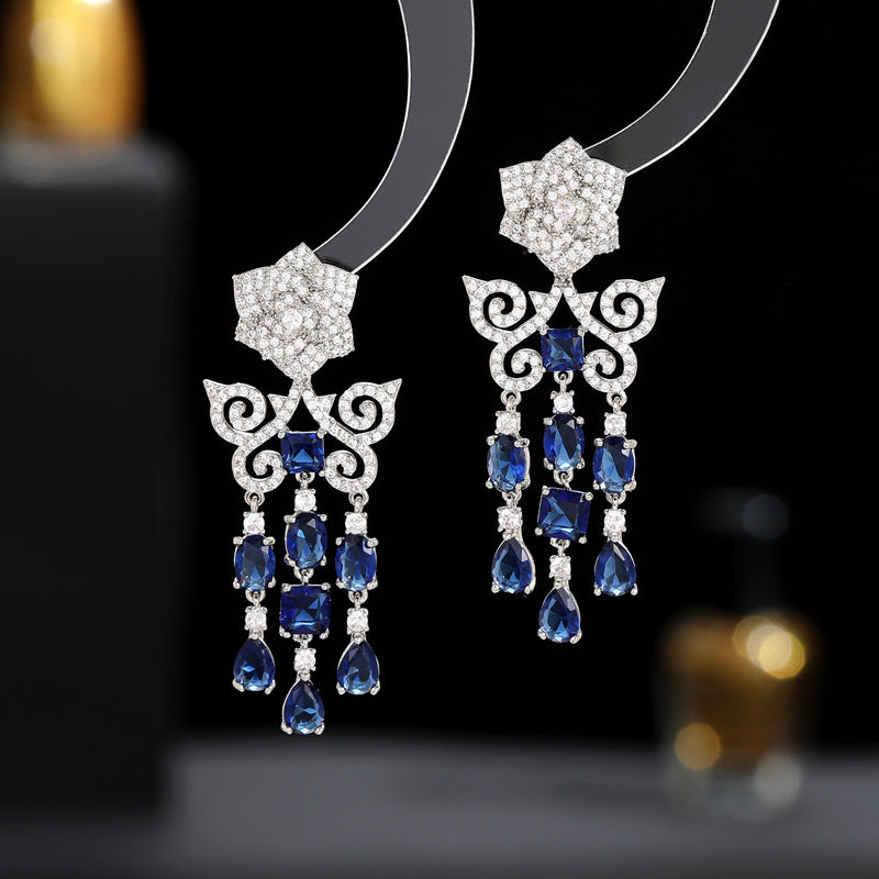 2025 Light luxury high-end dress banquet bride earrings camellia hollow butterfly pattern zircon water drop fringed earrings
