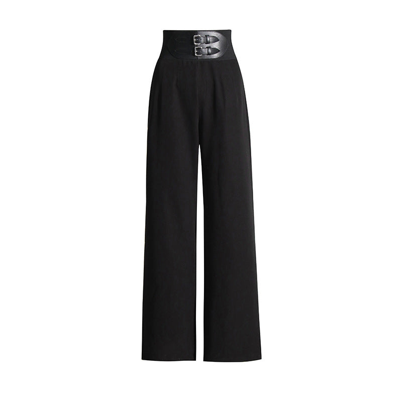 jinran fall trends 2024 outfits Fashionable Ol Commuter Style 2024 Spring New High Waist Leather Waist Seal Design Wide Leg Solid Color Mopping Casual Pants