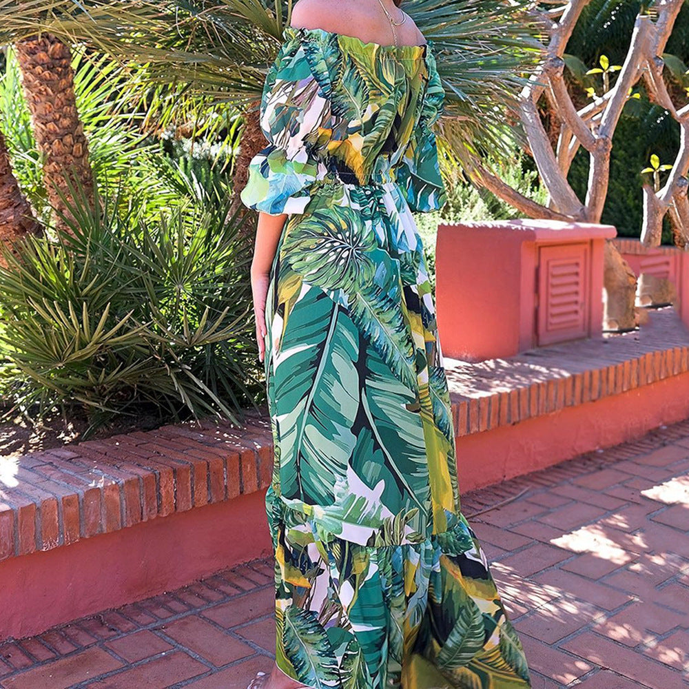 2025 New new spring and summer 2025 women's clothing dress printed one-word shoulder slim and thin temperament commuter dress