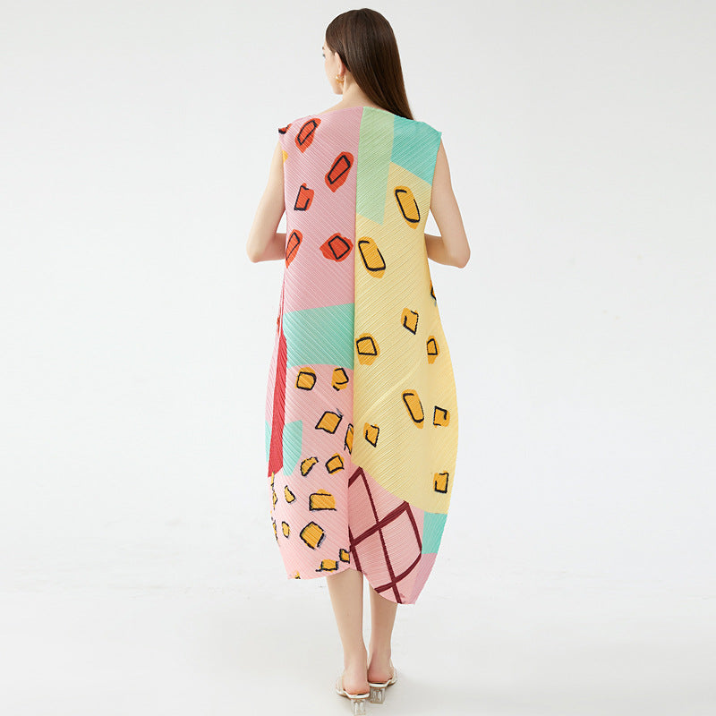 2025 summer new elegant style women's clothing pullover sleeveless round neck printing and dyeing pleated umbrella dress women