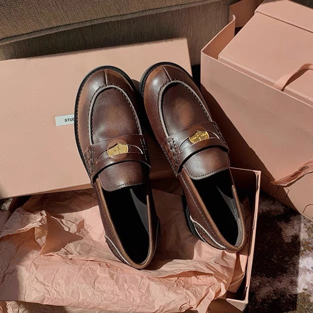 2025 Cowhide version~ Xingshengda shoes make old horse leather retro polished small gold coins thick heel loafers women's small leather shoes