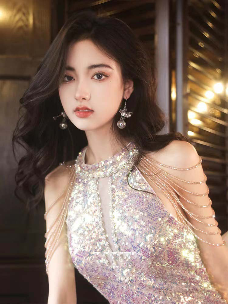 jinran pink dress Banquet Host Evening Dress 2024 New Style Style Birthday Party Socialite Elegant French Light Luxury Fishtail
