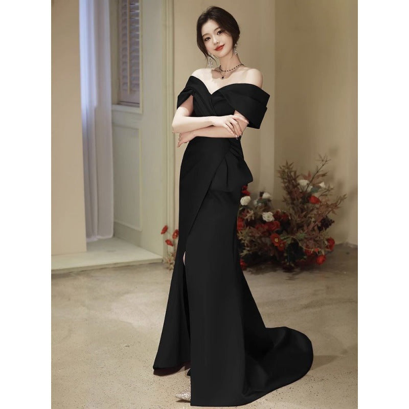 jinran Fishtail dress black evening dress light luxury 2024 new niche tail style banquet annual meeting host slim
