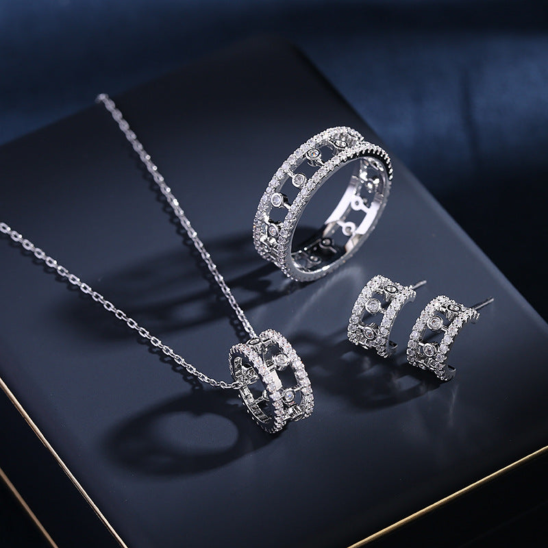 2025 Niche design high-end hollow ring clavicle chain zircon inlaid ring semi-round C-ring stud earrings jewelry set