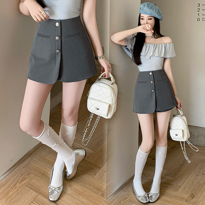 2025 Single-breasted short skirt pants women's spring and summer new suit a-shaped culottes high-waisted wide-leg boots and pants outer trouser skirt
