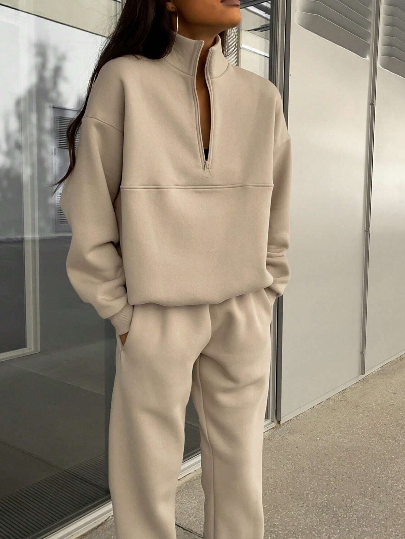 2025 Popular, , New autumn and winter new fashion zipper lapel solid color casual two-piece set