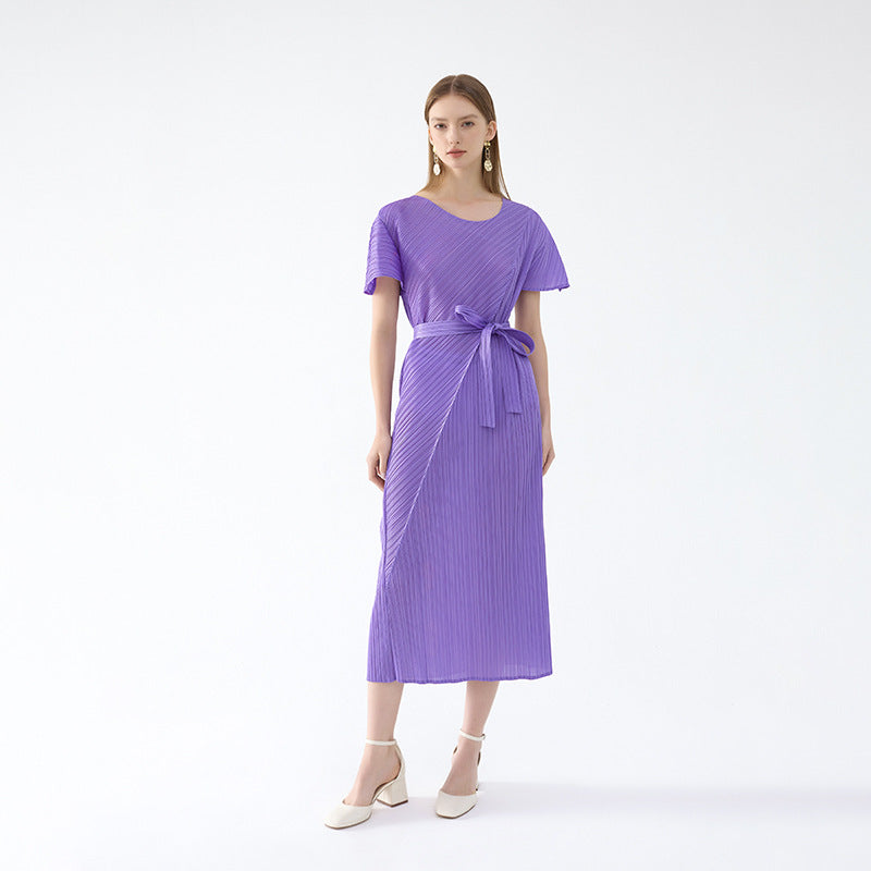 2025 spring new Miyake horn sleeve folding lace-up dress for women, thin solid color temperament personality medium and long dress for women