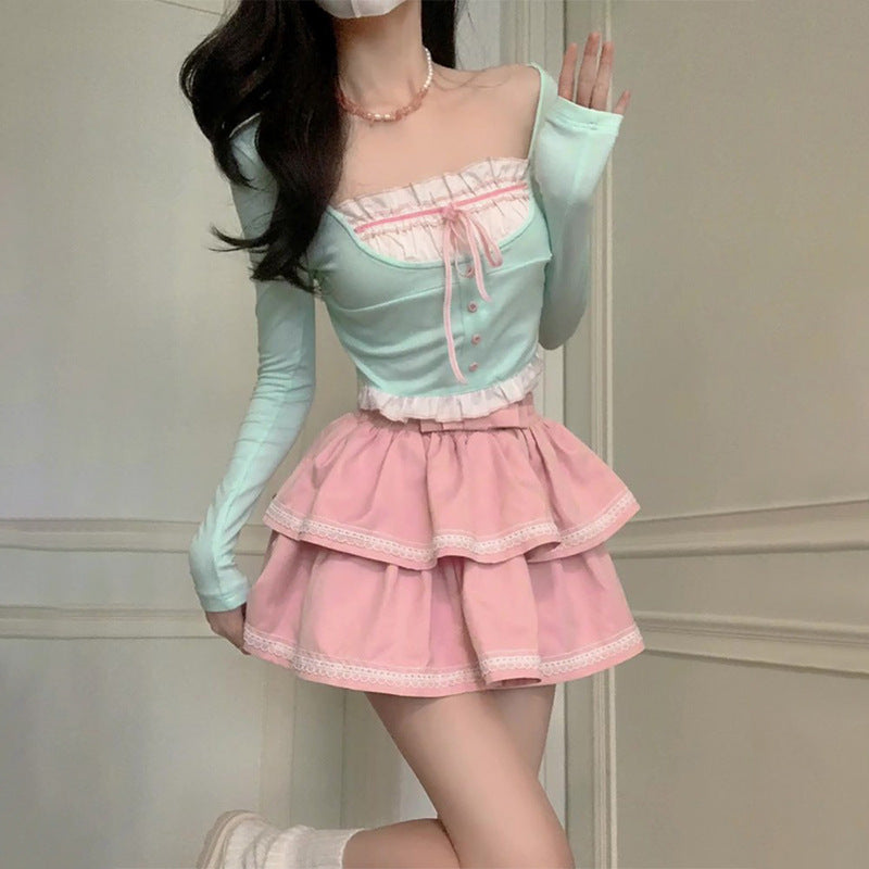 jinran outfit 2024 Spring and Summer Vigorous Girl Lace Collar Cardigan Slim Slimming Long Sleeve Top Cake Dress Two-Piece Set