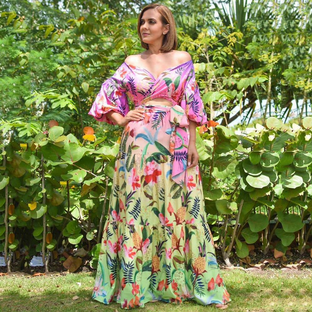 2025 New spring and summer new 2025 women's clothing printing loose off-the-shoulder V-neck sexy slim dress dress dress