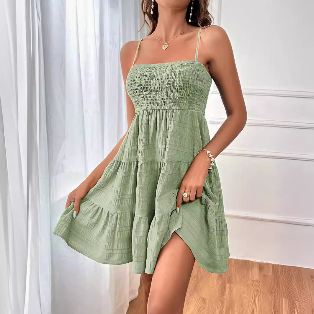 2025 Popular, , New women's clothing summer new one-word collar thin suspender solid color versatile texture dress